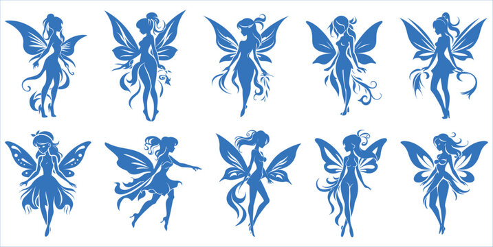 Fairy silhouette, Fairy silhouette set, Vector collection of fairies silhouettes