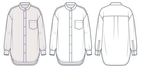 Classic Shirt technical fashion Illustration, striped design. Button up Shirt fashion flat technical drawing template, band collar, oversize, front, back view, white, women, men, unisex CAD mockup set