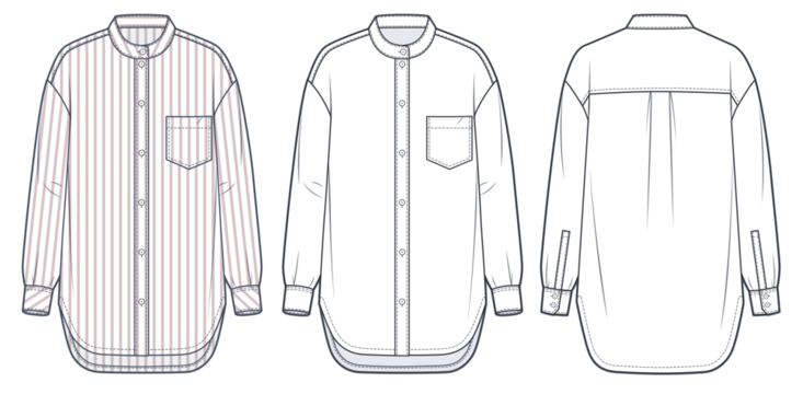 Classic Shirt technical fashion Illustration, striped design. Button up Shirt fashion flat technical drawing template, band collar, oversize, front, back view, white, women, men, unisex CAD mockup set