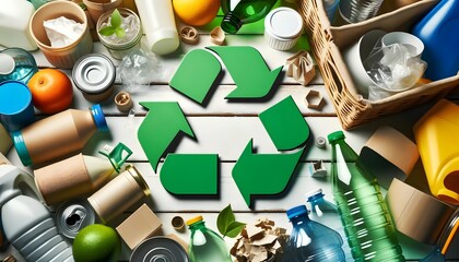 Various recyclable materials arranged on a light wood table with a large green recycling symbol in the centre. The image represents sustainability and environmental responsibility through recycling