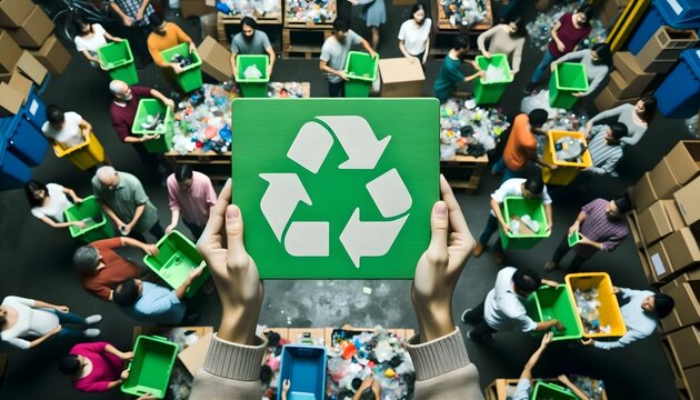 Aerial view of a group of volunteers engaged in separating waste at a recycling centre. Two hands in the foreground hold up a green sign with the recycling symbol, emphasising the importance of collec