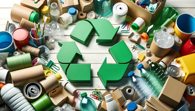 Vibrant Composition Of Recyclable Materials, With Large Green Recycling Symbols In The Centre, Surrounded By Plastic, Paper, Glass And Metal Ready For Selective Collection.