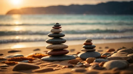 Photo sur Plexiglas Zen zen stones in nature, outdoors on the beach, concept of spiritual balance and abundance , space for text