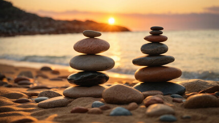 zen stones in nature, outdoors on the beach, concept of spiritual balance and abundance