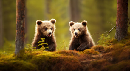 Obraz premium Close-up of cute brown bear cubs in the forest