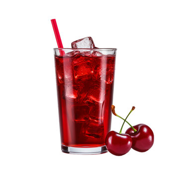 glass of cherry cola with cherry, ice and tube isolated on white background, ai generated