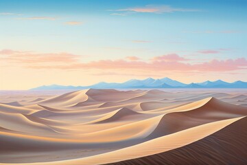 Fototapeta na wymiar Modern dawn desert scenery featuring sand hills and a sky of shifting turquoise hues. Generative AI