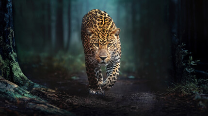 Close up of a jaguar stalking prey in the forest