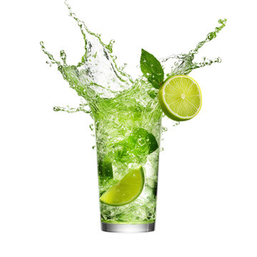 glass of lime and lemon soda with splashes isolated on white background, ai generated