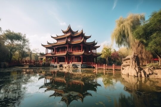 Tranquil scenery with oriental architecture under serene sky. Generative AI