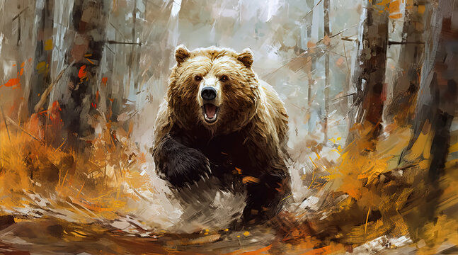 Furious attacking brown bear in the autumn forest