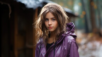 Fototapeta premium A cute girl in a purple rain coat
