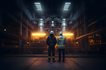 Back view of two male engineers standing together inside a factory