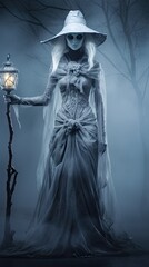 Spectral Illusion Witch: A translucent witch that appears ethereal, with a haunted landscape background. Use pale blues and ghostly whites in the color palette
