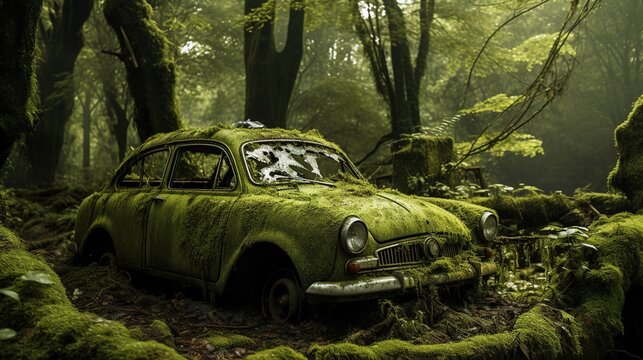 An old car covered in moss in the forest, industrial and nature concept