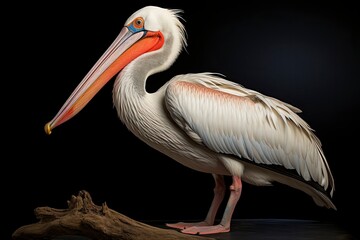 Obraz premium A majestic pelican perched on a branch against a dark backdrop created with Generative AI technology