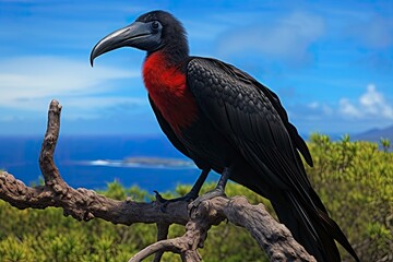 Obraz premium A colorful Magnificent Frigatebird perched on a branch overlooking the stunning ocean scenery created with Generative AI technology
