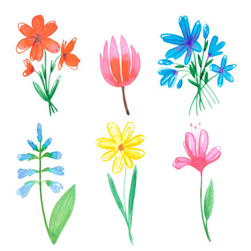 Hand drawn watercolor abstract daisy and tulip flowers bouquet isolated on white background. Can be used for cards, label, poster and other printed products.