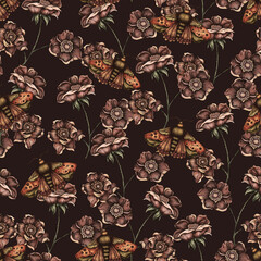 Vintage floral seamless pattern. Blooming dark flowers, Victorian wildflowers