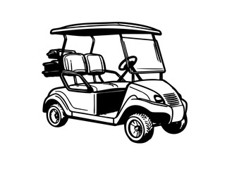 Golf cart or buggy side view vector monochrome object, design element in vintage style isolated on white background