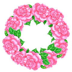 Hand drawn watercolor pink azalea wreath frame border isolated on white background. Can be used for invitation, postcard, poster, decoration and other printed products.