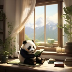 A panda is reading a book in a library ,A panda is reading a book by the window.