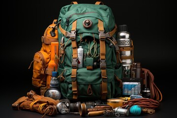backpack fully equipped  for mountain climbing - obrazy, fototapety, plakaty
