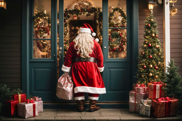 Santa Claus with bag of presents at the front door of the house - obrazy, fototapety, plakaty