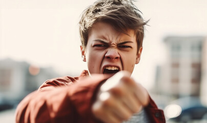 Angry boy teenager ready for fist fight. Hand to hand combat. Street fist-fighter. Male fist closeup. fighter in a black hoodie prepares to strike with his fist. Man under blood. Conflict,bullying  - obrazy, fototapety, plakaty