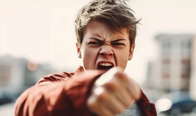 Foto op Plexiglas Angry boy teenager ready for fist fight. Hand to hand combat. Street fist-fighter. Male fist closeup. fighter in a black hoodie prepares to strike with his fist. Man under blood. Conflict,bullying  © annebel146