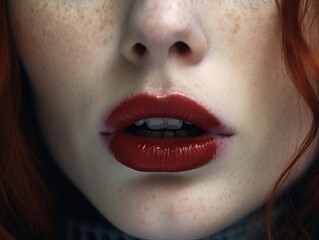 Close up view of beautiful woman lips with red lipstick. Fashion makeup.