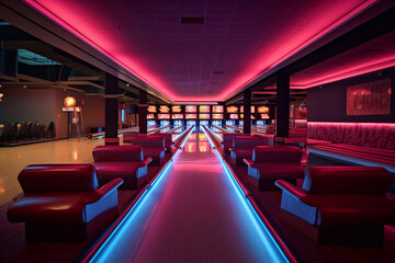 Bowling club with neon effect. Bowling room. Sports game. - obrazy, fototapety, plakaty