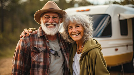 Seniors couple on a memorable road trip, showcasing their enthusiasm for exploration. RV motorhome or caravan vanlife