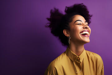Fototapeta na wymiar Colorful studio portrait of an ethnic woman smiling happily. Bold, vibrant and minimalist. Generative AI