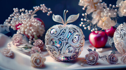 Apple in the snow, Christmas, new year, winter, celebration, elegance style, ornament, gems, crystal, precious stones, posh luxurious decorations, festive fantasy