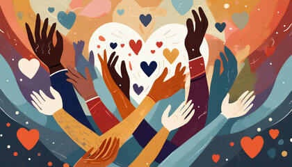 Charity illustration concept with abstract, diverse persons, hands and hearts. - obrazy, fototapety, plakaty