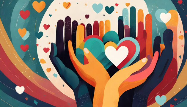 Naklejki Charity illustration concept with abstract, diverse persons, hands and hearts.