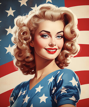 portrait of a 1960s bombshell pinup model with blonde hair in illustration