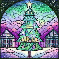<イラスト・クリスマスイメージ>雪の街並みと大きなクリスマスツリー