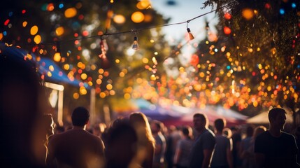 A bustling vibrant street fair filled with pedestrians under the glow of overhead party lights. Shallow depth of field, bokeh and intentional blur.