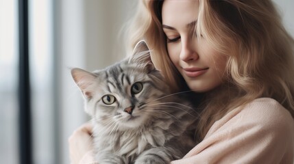 Portrait of young woman holding cute siberian cat with green eyes. Adorable domestic pet concept.