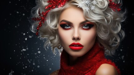 Creative women's festive New Year's Christmas winter look for a party or corporate event: makeup and styling. It is snowing