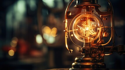 A close-up of a steampunk lamp. The lamp is made of brass and glass, and it has a steam-powered mechanism. The lamp is lit, and the light is casting a warm glow.  - obrazy, fototapety, plakaty