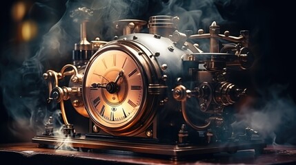 A steampunk clock with a large, round face and a brass border. The clock is surrounded by gears and other mechanical elements.