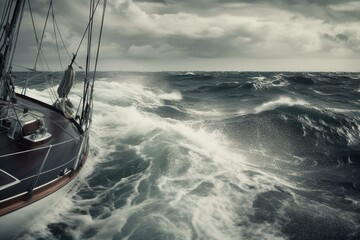 Sailboat battles tempestuous waves. Embodying travel, thrill, and audacity. Generative AI - obrazy, fototapety, plakaty