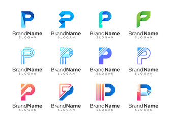 Letter P logo design for various types of businesses and company. colorful, modern, geometric, luxury letter P logo set