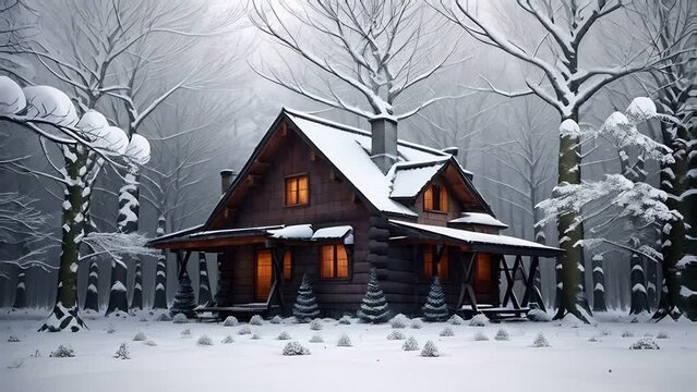 Wooden house in winder snow forest. Generated with AI