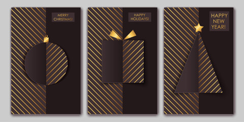 Set of chic elegant cards, flyers, posters for New Year, Christmas greetings. Modern minimal paper art flat style. Holiday gift, Christmas tree, bauble design. Festive prints.