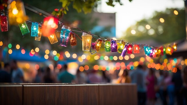 A vibrant display of festive lights adorning a tree at a street fair. Shallow depth of field, Bokeh and intentional blur
