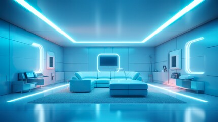 Empty Wall in a Futuristic Sci Fi Living Room with Light Yellow, Light Cyan, and Light Blue Neon.
